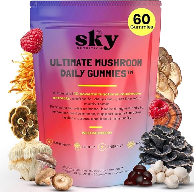 Sky Mushroom Gummies - 10-in-1 Advanced Complex w/Lions Mane, Reishi, Cordyceps,  Turkey Tail - Focus & Brain Support - Raspberry Flavored 60 Vegan Lions Mane  Mushroom Gummies for Adults