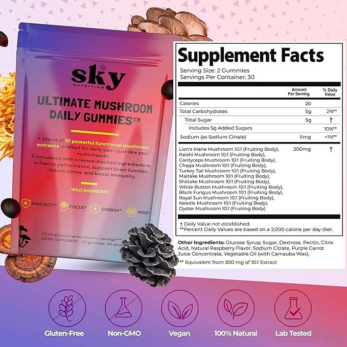Sky Mushroom Gummies - 10-in-1 Advanced Complex w/Lions Mane, Reishi, Cordyceps,  Turkey Tail - Focus & Brain Support - Raspberry Flavored 60 Vegan Lions Mane  Mushroom Gummies for Adults