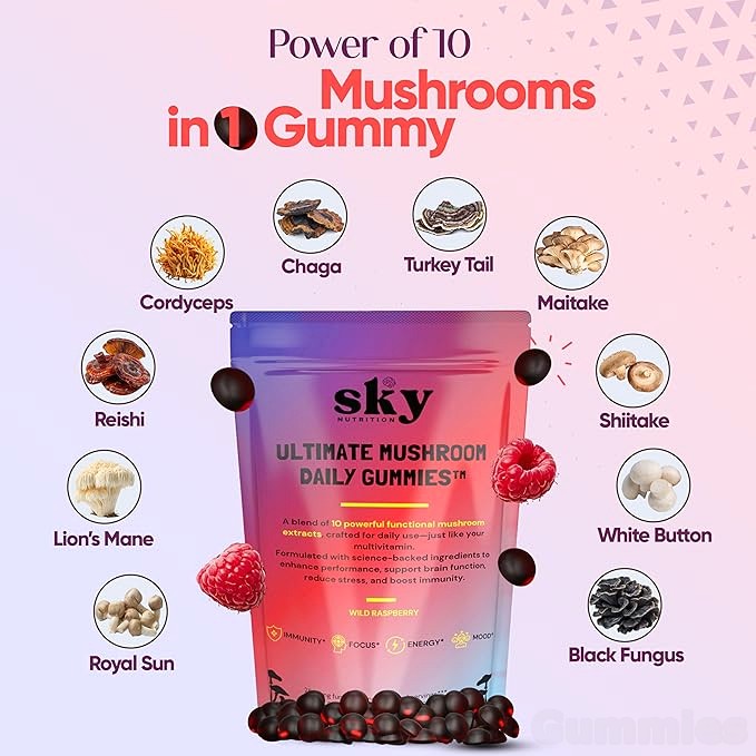 Sky Mushroom Gummies - 10-in-1 Advanced Complex w/Lions Mane, Reishi, Cordyceps,  Turkey Tail - Focus & Brain Support - Raspberry Flavored 60 Vegan Lions Mane  Mushroom Gummies for Adults