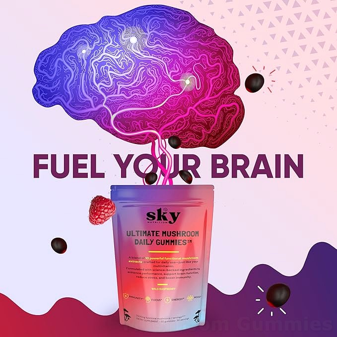 Sky Mushroom Gummies - 10-in-1 Advanced Complex w/Lions Mane, Reishi, Cordyceps,  Turkey Tail - Focus & Brain Support - Raspberry Flavored 60 Vegan Lions Mane  Mushroom Gummies for Adults