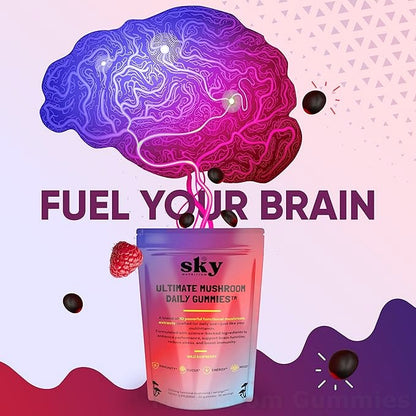Sky Mushroom Gummies - 10-in-1 Advanced Complex w/Lions Mane, Reishi, Cordyceps,  Turkey Tail - Focus & Brain Support - Raspberry Flavored 60 Vegan Lions Mane  Mushroom Gummies for Adults