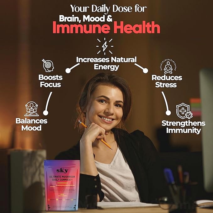 Sky Mushroom Gummies - 10-in-1 Advanced Complex w/Lions Mane, Reishi, Cordyceps,  Turkey Tail - Focus & Brain Support - Raspberry Flavored 60 Vegan Lions Mane  Mushroom Gummies for Adults
