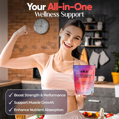 Sky Mushroom Gummies - 10-in-1 Advanced Complex w/Lions Mane, Reishi, Cordyceps,  Turkey Tail - Focus & Brain Support - Raspberry Flavored 60 Vegan Lions Mane  Mushroom Gummies for Adults