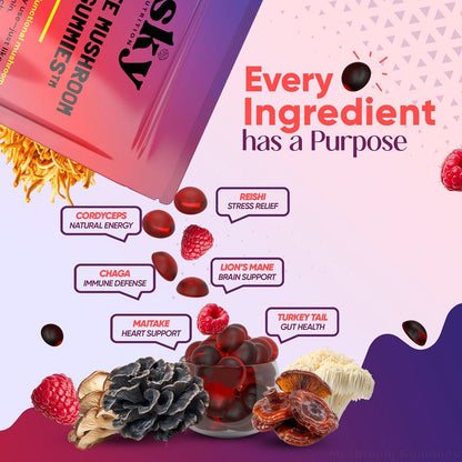 Sky Mushroom Gummies - 10-in-1 Advanced Complex w/Lions Mane, Reishi, Cordyceps,  Turkey Tail - Focus & Brain Support - Raspberry Flavored 60 Vegan Lions Mane  Mushroom Gummies for Adults