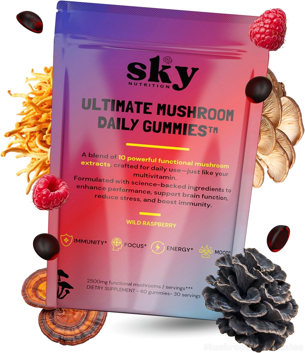 Sky Mushroom Gummies - 10-in-1 Advanced Complex w/Lions Mane, Reishi, Cordyceps,  Turkey Tail - Focus & Brain Support - Raspberry Flavored 60 Vegan Lions Mane  Mushroom Gummies for Adults