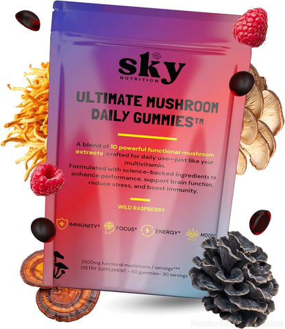 Sky Mushroom Gummies - 10-in-1 Advanced Complex w/Lions Mane, Reishi, Cordyceps,  Turkey Tail - Focus & Brain Support - Raspberry Flavored 60 Vegan Lions Mane  Mushroom Gummies for Adults